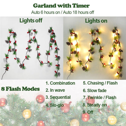 2025 Upgraded Christmas Garland Lights 9.84FT Holiday Prelit Garlands Pine Cone with Red Berry Battery Operated with Timer Garland Wreath Xmas Decor Lights for Outdoor Indoor Christmas Home Decoration