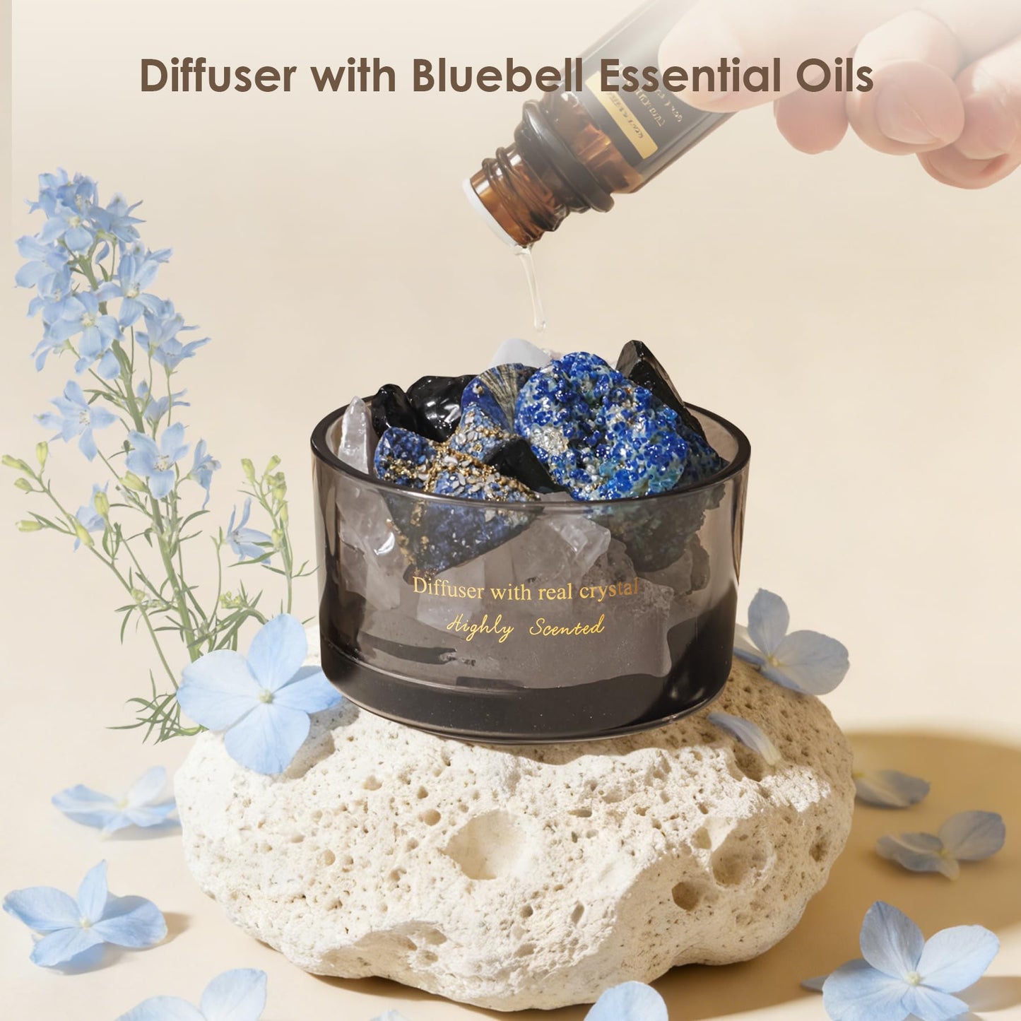 Crystal Stone Aroma Diffuser with Essential Oils for Home Bathroom Office, Home Decor & Fragrance 2 in 1, Chic Aromatherapy Gift Set (Bluebell Scent)