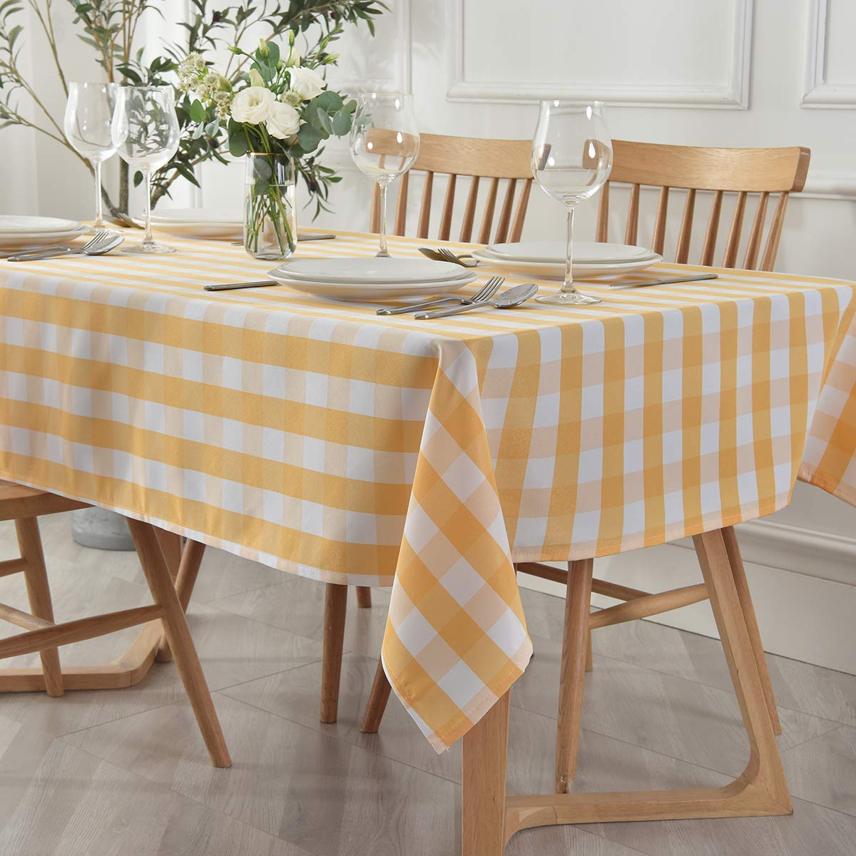 maxmill Checkered Rectangle Tablecloth Water Resistance Wrinkle Free Spillproof Heavy Weight Gingham Plaid Table Cloth for Buffet Banquet Parties Holiday Dinner, 60 x 84 Inch Yellow and White