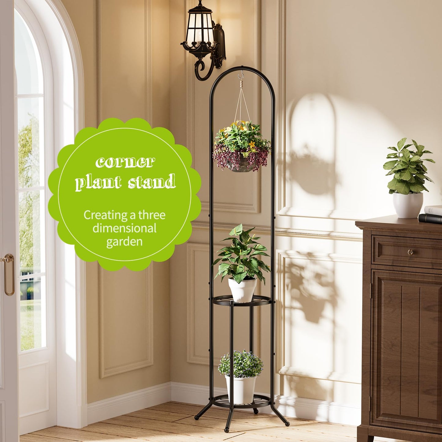 BMOSU Plant Stand with Hooks Indoor Outdoor Corner Tall Plant Stand Heavy-Duty Metal 3-Tier Plant Shelf Holder Rack for Patio Garden Balcony Living Room Bedroom(circular Black)