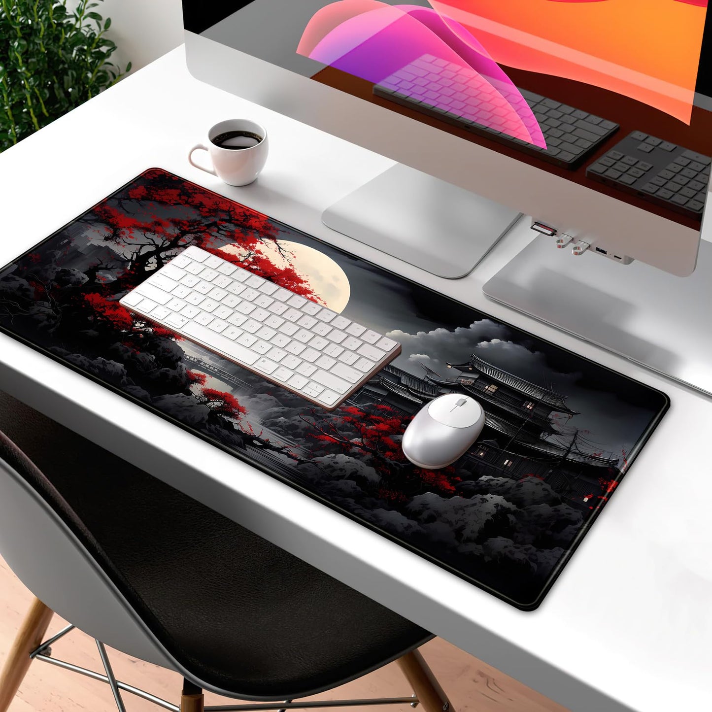 Riverside Full Moon Japanese Desk Mat - Large Black Red Gaming Mousepad XXL Keyboard Pad 31.5 x 11.8 in - Extended Mouse Pad for Laptop Computer Office Desk Decor