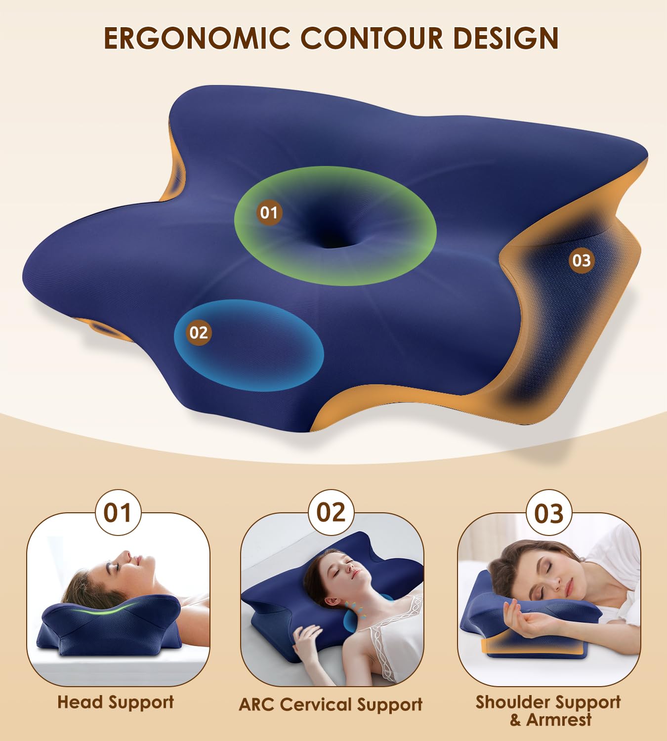 Cervical Pillow for Neck and Shoulder, Ergonomic Contour Memory Foam Pillows for Sleeping, Cooling Neck Support Pillow for Back Stomach Side Sleeper Dark Grey