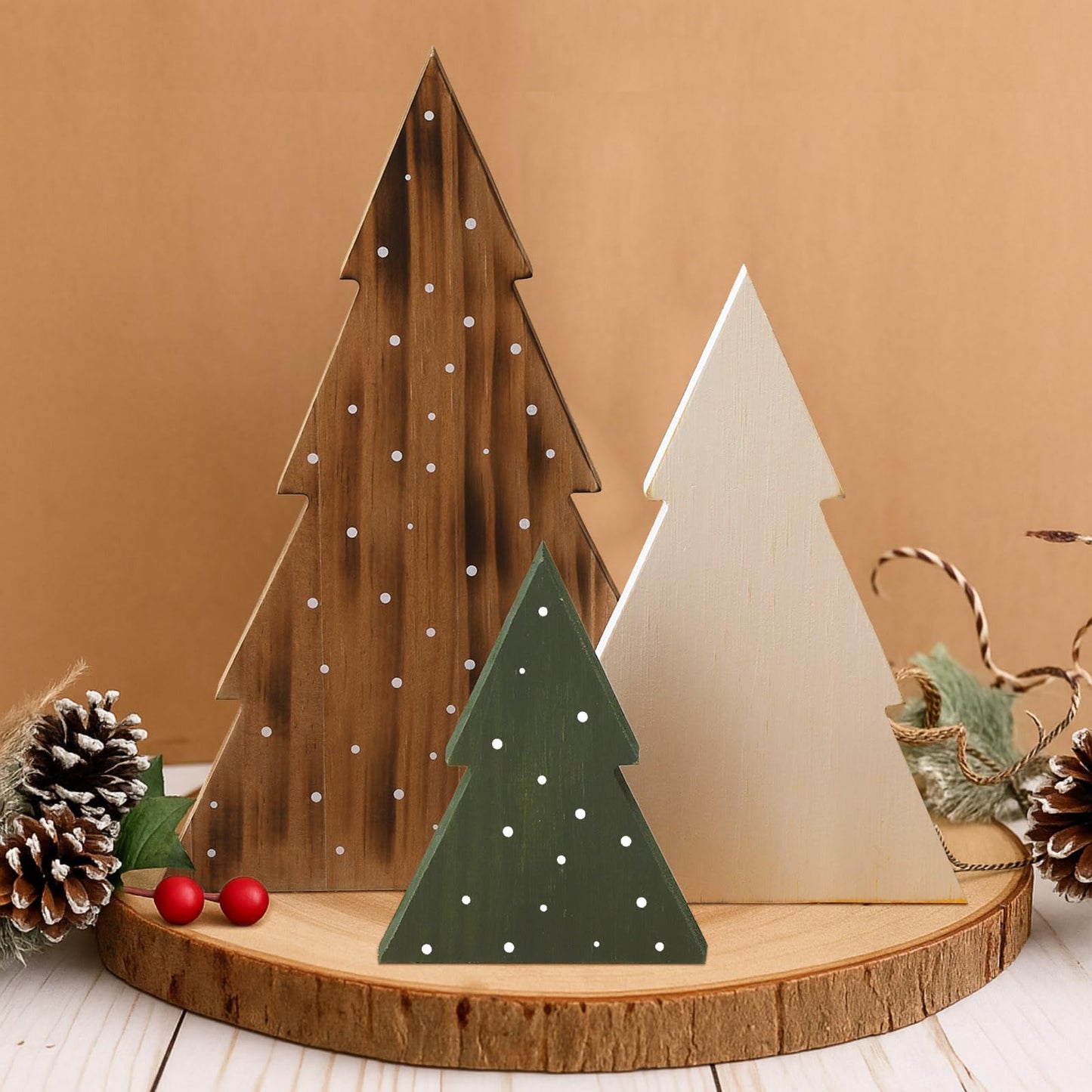 AceOrbit 3 Pcs Christmas Decorations Rustic Farmhouse Wood Christmas Trees Neutral Tabletop Tree Signs Decor Freestanding Xmas Wooden Decorations for Fireplace, Mantle, Shelf, Home, Office