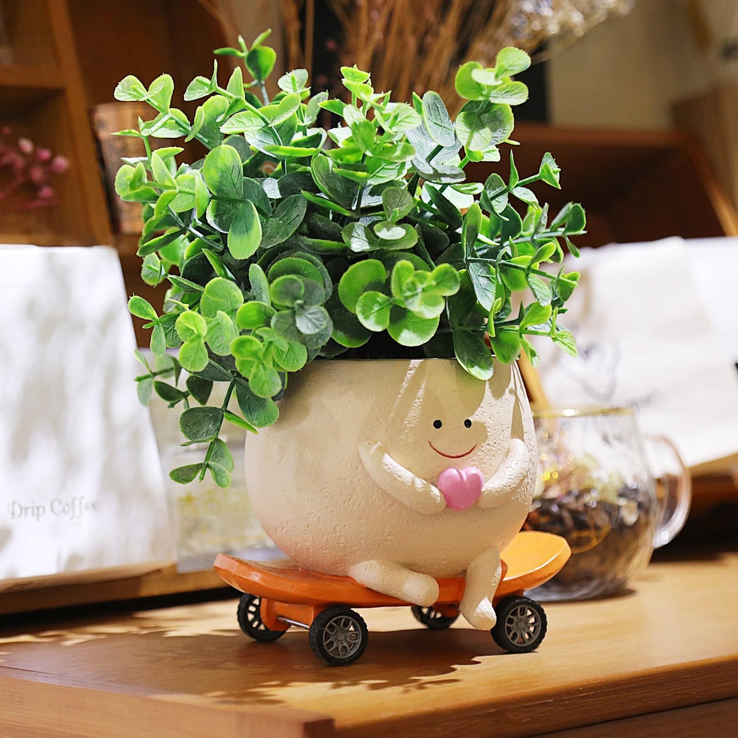 NINIPAPA Funny Smiley Face Planter Pots Cute Succulent Plant Pot, Head Skateboard Flower Planters with Drainage Hole for Indoor Outdoor, Unique Christmas Birthday Gifts for Plant Lover and Mom