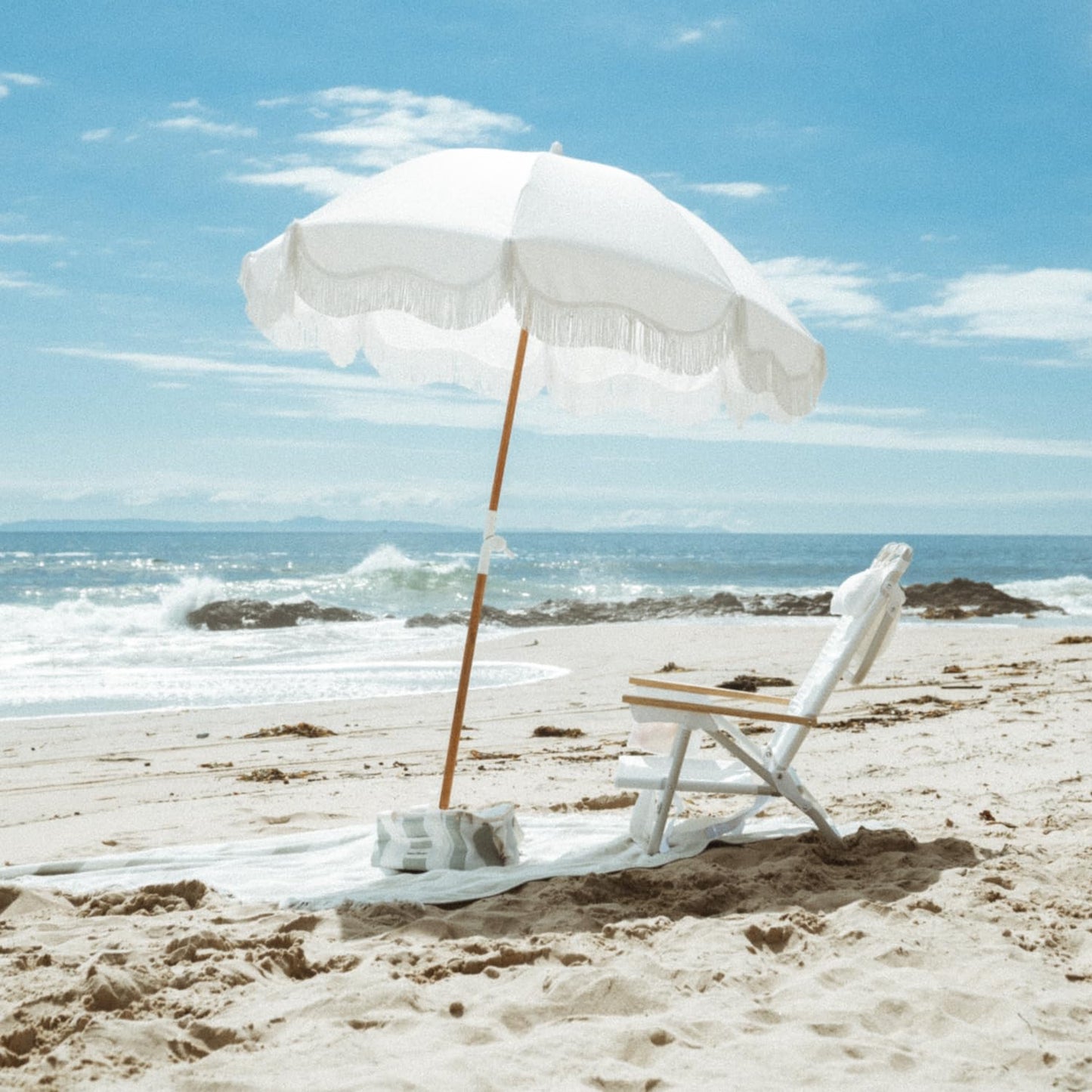 Business & Pleasure Co. Holiday Umbrella - Boho Beach Umbrella with White Fringe, UPF 50+, 1" Tilting Wood Pole, 5’ x 6.5’, Antique White