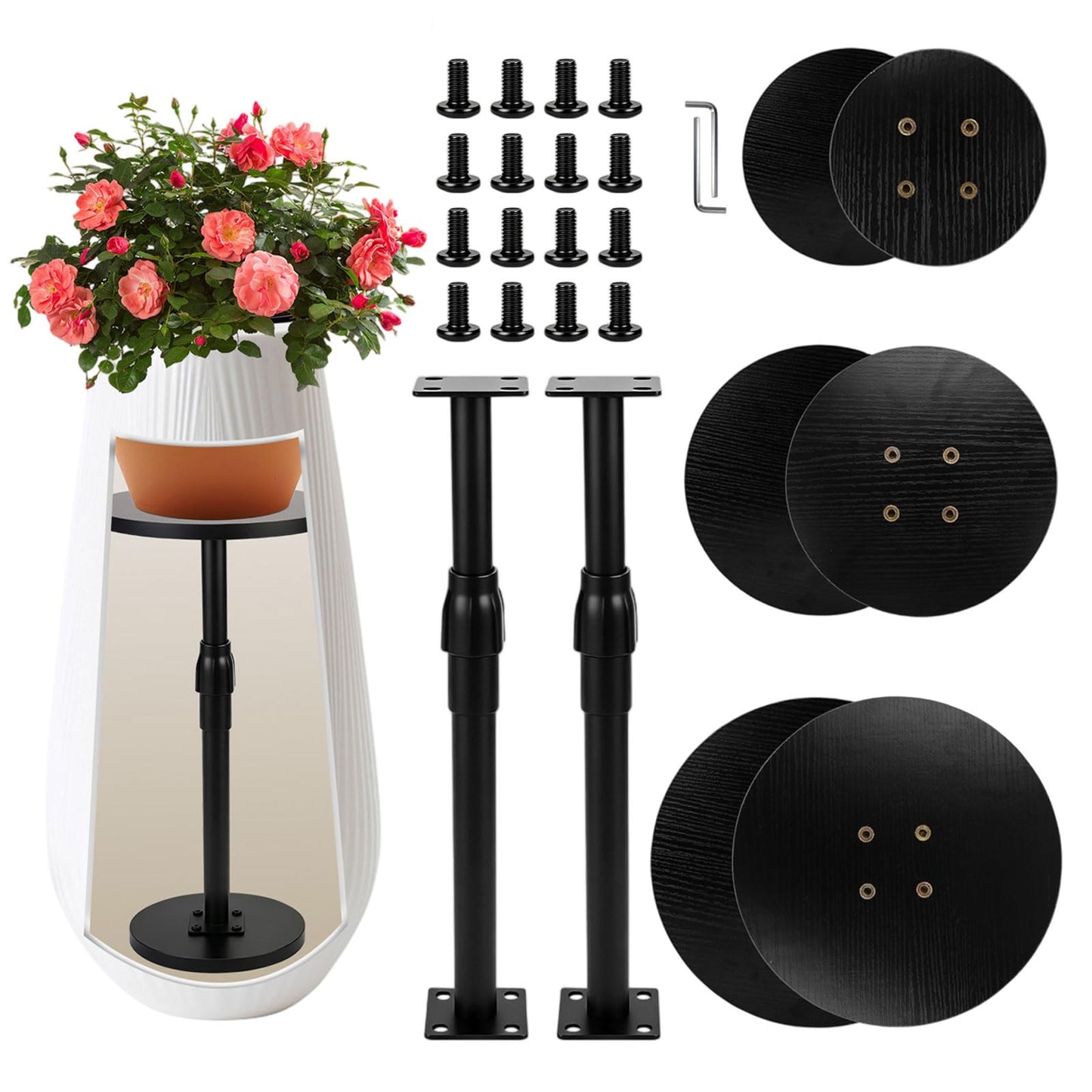 Plant Stand, Plant Risers for Inside Pots, Adjustable 12-21" with 3 Interchangeable Bases 6" 8" 10" - Metal Lifter for Tall Square Round Tapered Pots, Pot Filler Insert for Indoor Outdoor Garden, 2 PCS