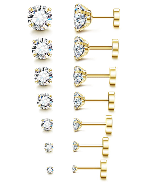 Fansilver 20G Hypoallergenic Flat Back Earrings for Women Men Silver 14K Gold Stainless Steel Stud Earrings Birthstone Cubic Zirconia Studs Surgical Steel Cartilage Earrings for Sensitive Ears