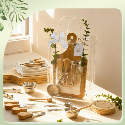 Baby Shower Prizes for Game Winners 6 Sets Cheese Board Honey Dipper Charcuterie Utensils Set Towel Thank You Card and Gift Bags for Baby Shower Wedding Bridal Shower Favors (6 Set-Bamboo, Silver)