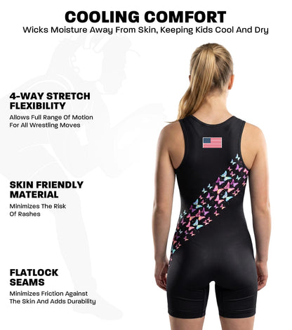 Exxact Sports Sublimated Women’s Wrestling Singlet - High-Cut, Full-Coverage Powerlifting Singlet Women for Competition (Butterfly, AM)