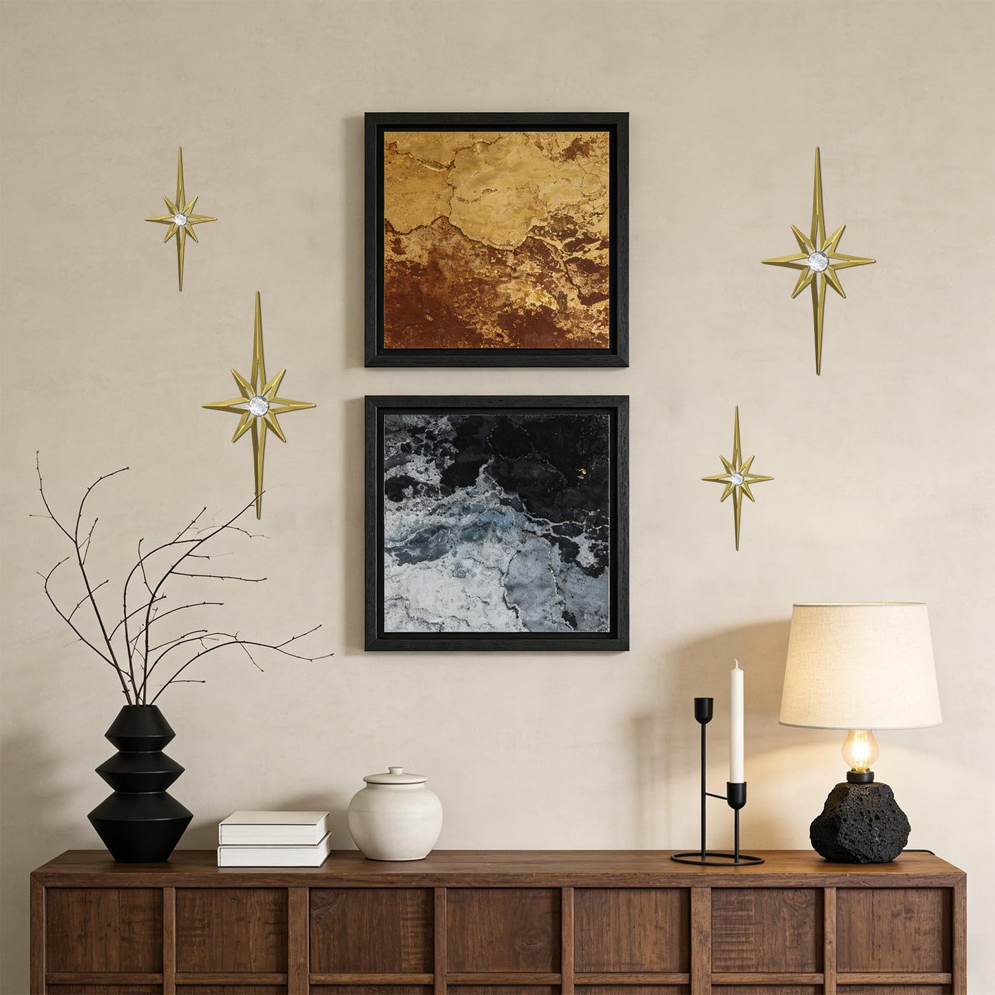 sxnzequnze 4 Pcs Star Wall Art for Home Decor Living Room Bedroom Office Metal 3D,Bling,with Hanging Hook Starburst Midcentury Sculpture Retro Gallery Accent Celestial -Gold 16.5in/9.4in