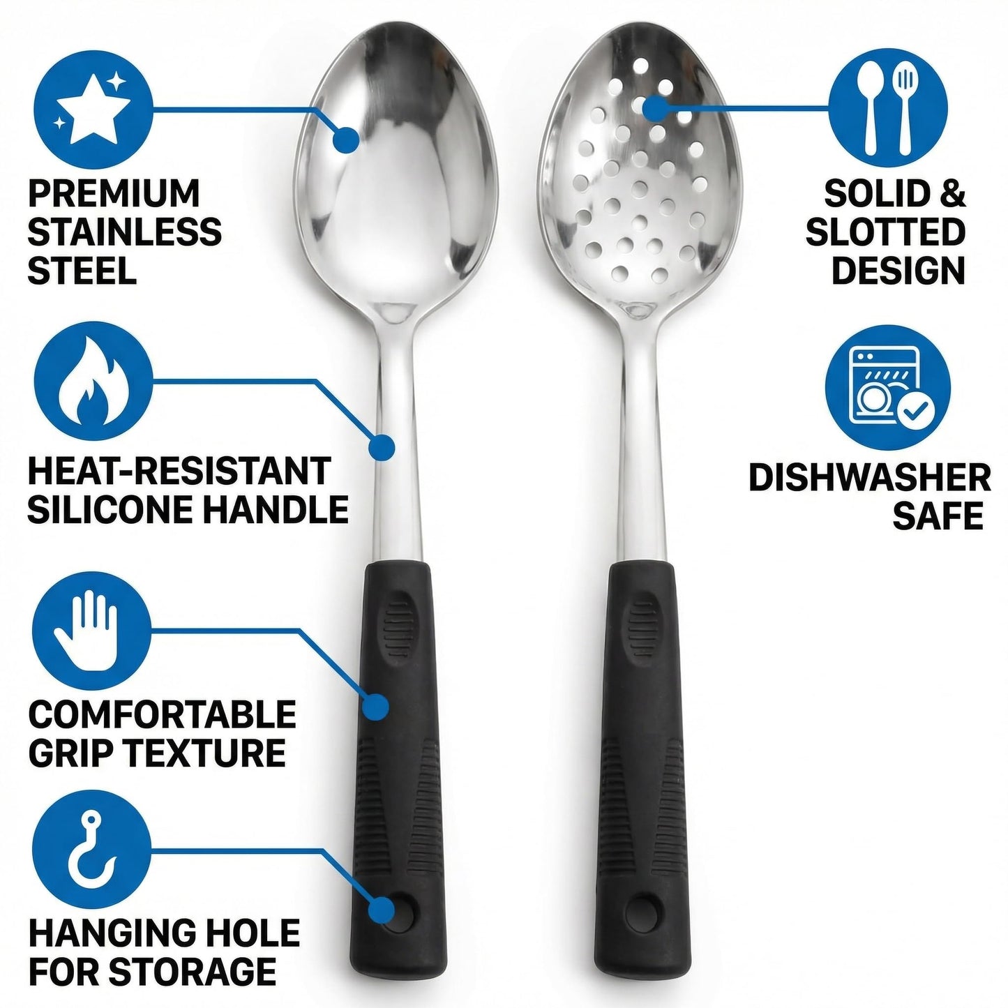 Metal Serving Spoons Set, Large Serving Spoons with Silicone Handles, Stainless Steel Serving Spoon, Slotted Spoon & Soup Ladle Set for Buffet and Home Kitchen (Black)