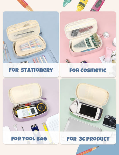 SUNEE Cute Pencil Case, Aesthetic Pen Pouch, Colored Large Pencil Bag with Zipper, Kawaii Stationery Storage and Organizer, School Supplies for Teen and Adult Girls, Blue