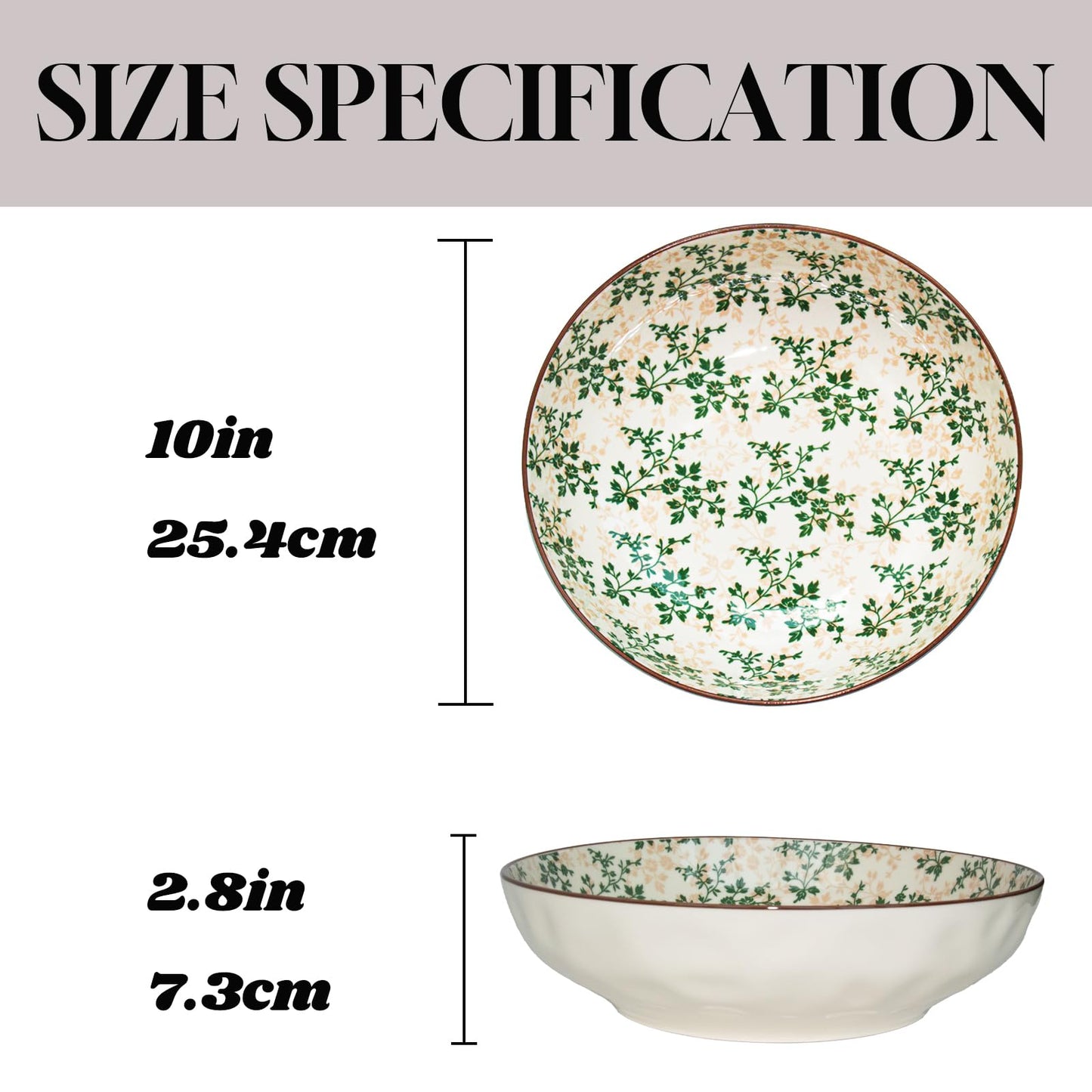 Ronanemon Large Serving Bowls, 78 Oz Extra Large Salad Bowl, Green Floral Pattern Design Decorative Bowls for Salad, Fruit, Pasta and Dinner, Serving Dishes for Party, Dishwasher & Microwave Safe