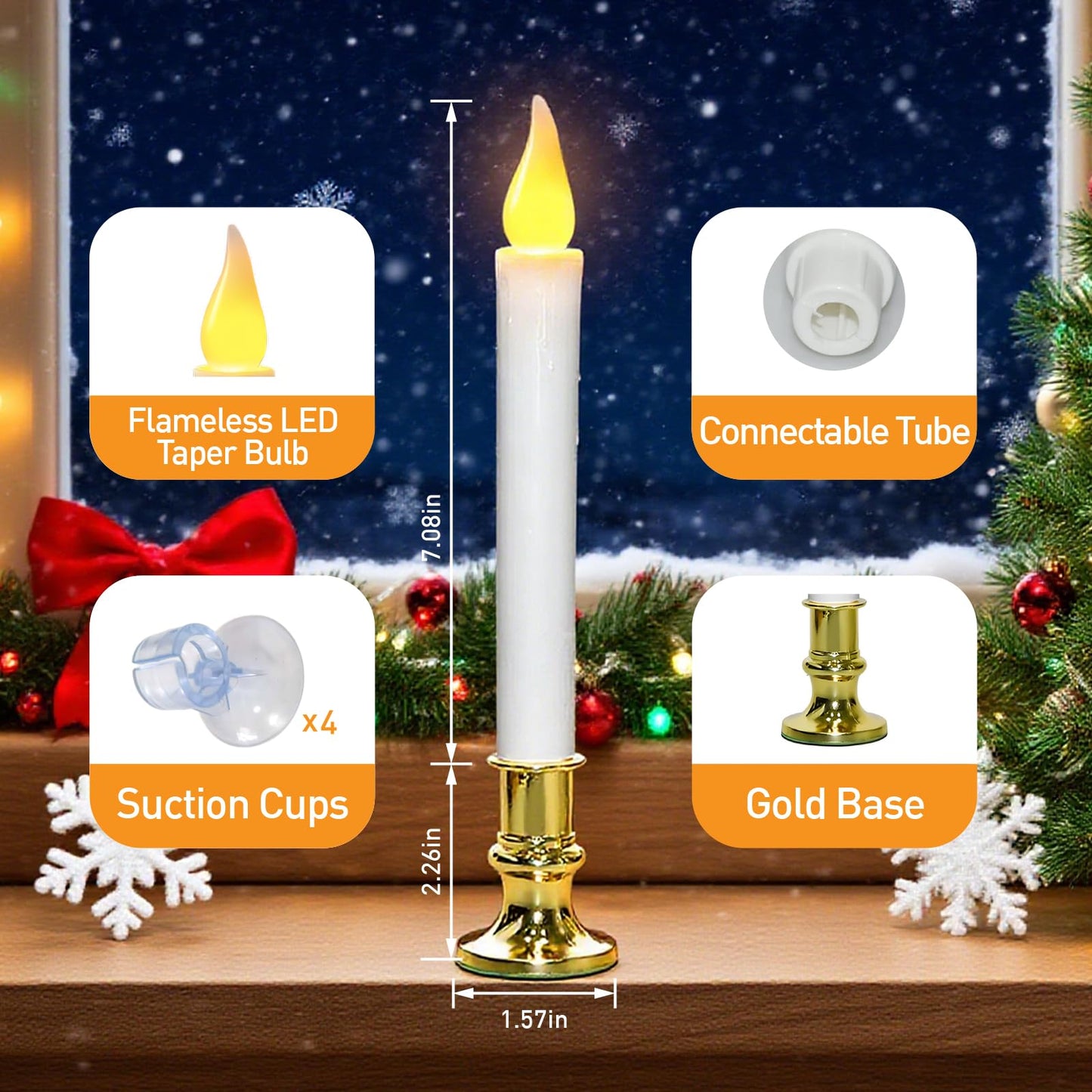 CHYSUPER 4Pack Christmas Window Candles Battery Operated with Timer, 6H/18H Auto On/Off, LED Flameless Candles with Realistic Flickering Flame and Suction Cups for Holiday Home Decor