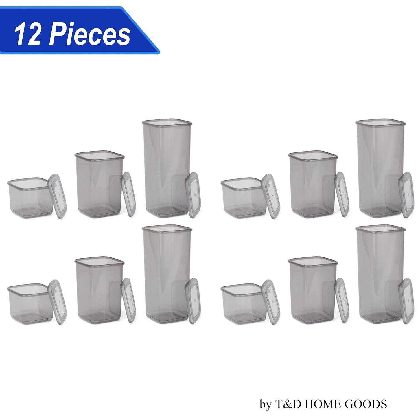 T&D HOME GOODS Storage Jars with Lid, Airtight, Set of 12 Storage Containers, BPA-Free, Storage Container for Cereal, Flour, Kitchen, Practical Organiser Kitchen, (12, 3 Square diff size)