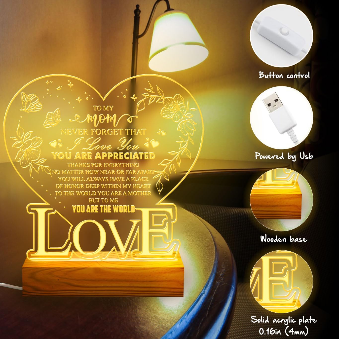 DongNaiWin to My Mom Never Forget That I Love You - Heart-Shaped LED Night Light for Mom - USB Powered Lamp with Engraved Love Message - Gift for Christmas Birthday, Home Decor