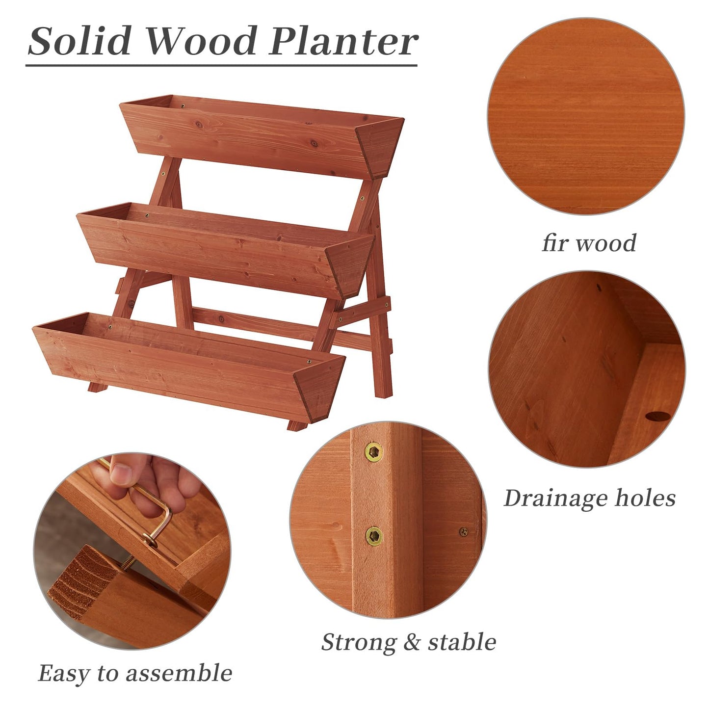 Kitsanery 3-Tiers Wooden Raised Garden Bed,Wood Planter Box for Vegetable,Flower Rack,Flower Pot Stands,Indoor Outdoor Gardening Planting Beds (Brick red, Large)