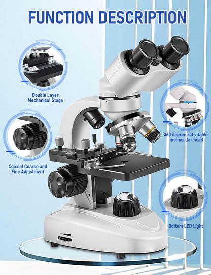 Binocular Compound Microscope 40X-2000X, Research Grade Professional Microscope with Dual Mechanical Stages and Coaxial Coarse/Fine Focus Knobs, Built-in Electronic Eyepieces, Adult Microscope