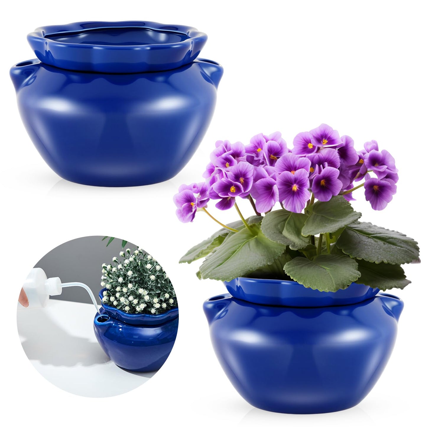 Sunnychicc 2 Sets African Violet Pots 7.5 Inch Self Watering Pot for Indoor Ceramic Self Watering Planter for Flower Lovers Ideal Plant Pot Thriving Flower Maintenance