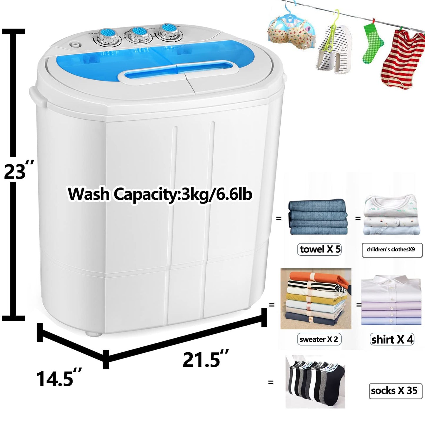 Tiktun Portable Washing Machine,Mini Twin Tub Washing Machine w/Wash and Spin Cycle,13lbs Capacity For Camping,Apartments,Dorms,RV