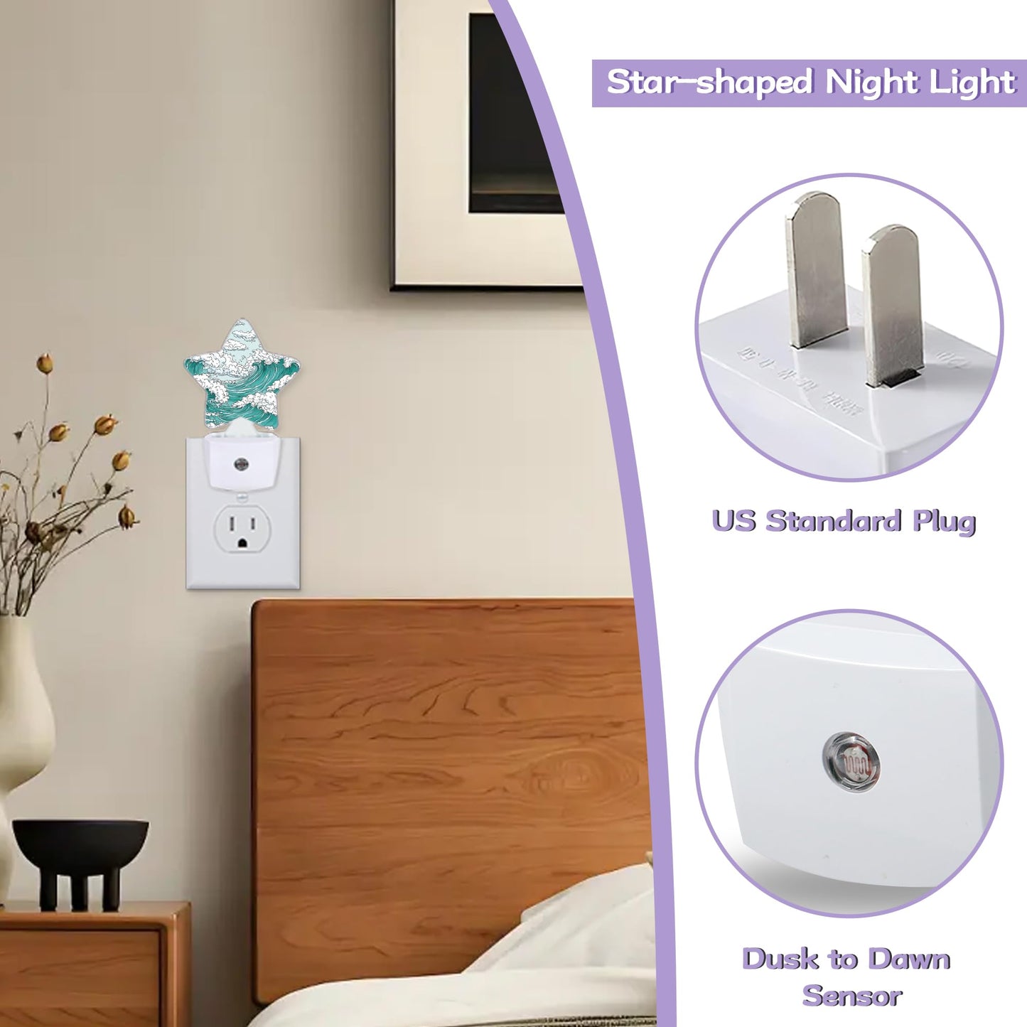 Japanese Wave Art Decorative Nightlight Plug in Wall,Classic Ocean Star Shaped Night Light with Built in Sensor for Home Decor,Kitchen Hallway Stairs Desk Lamp