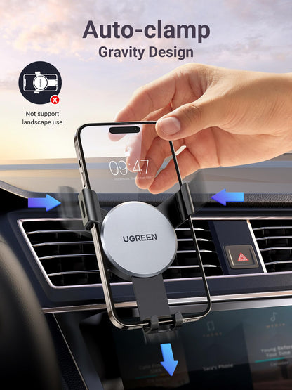 UGREEN Car Phone Holder Air Vent, Gravity Phone Mount Cradle Reliable Stable Hands-Free, Compatible with iPhone 17 Pro Max 17Air 16/15/14/13/12/11, Galaxy S25/S24/S23/S22/S21, Pixel 10/9/8(Silver)