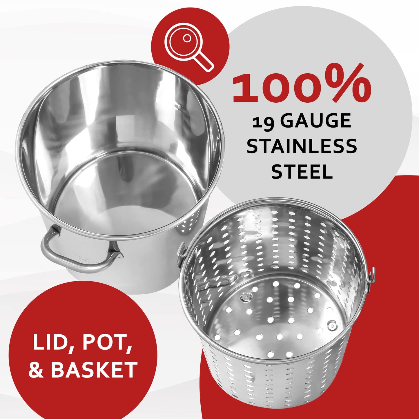CONCORD 42 QT Stainless Steel Stock Pot w/Basket. Heavy Kettle. Cookware for Boiling (42)