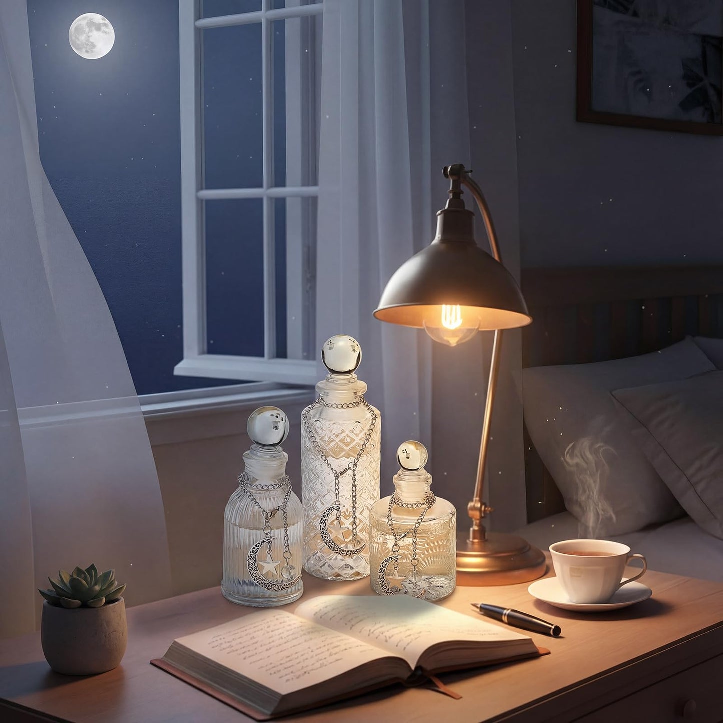 Potchen 3 Pcs Moon Energy Glass Bottle with 3 Lunar Star Spiritual Moonlight Water Jar Chain Charging Container with Lid for Infusing Intentions Crystal Cleansing Meditation Witchcraft Home(Clear)