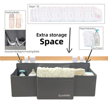 surebaby Hanging Baby Diaper Caddy, 3-in-1 Diaper Caddy Organizer Holder For Baby Crib, Nursery Organization Diaper Stacker Storage For Crib, Changing Table, Car, Wall-Grey