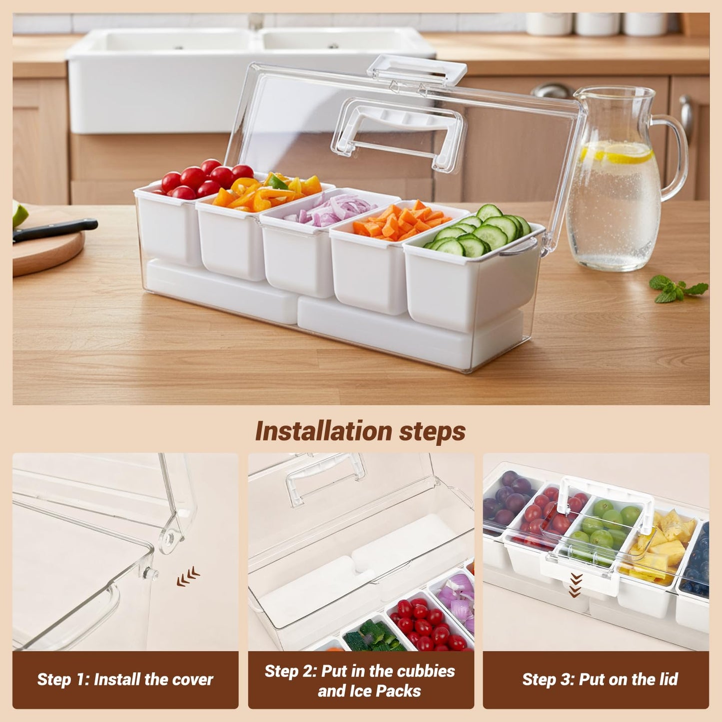 Mavolico Chilled Condiment Containers with Lid & Handle, 5-Compartment Serving Platters with 2 Ice Packs to Keep Fruits, Salads, Dips & Sauces Fresh for BBQs, Picnics, Camping and Parties