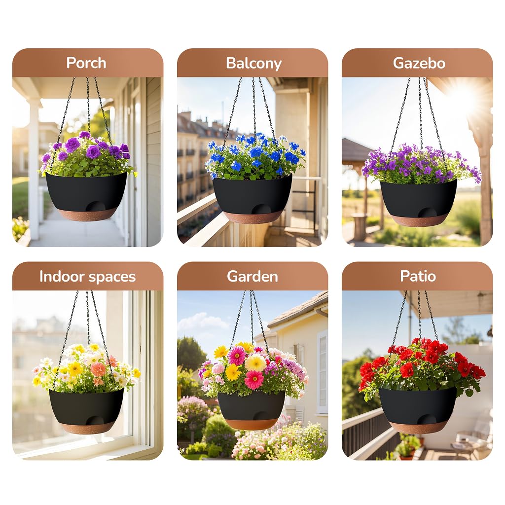 LESOASIS Hanging Planter for Indoor Plants, 10 Inch Self-Watering Hanging Planters with Drainage Holes and Chain, Set of 2 Outdoor Hanging Pots for Garden Home