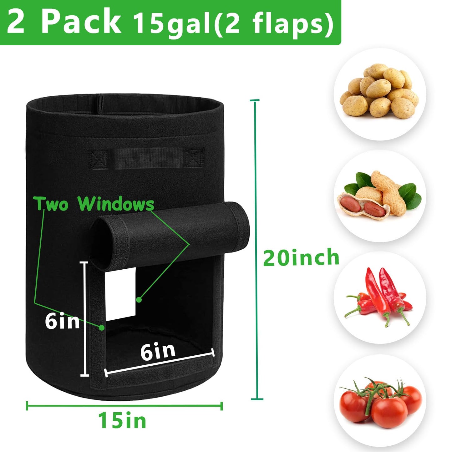 TCBWFY 2 Pack Potato Grow Bags with 2 Flaps 15 Gallon,Heavy Duty 14oz/yd² Planter Pot with Sturdy Handles and 2 Harvest Windows for Potato Tomato and Vegetables