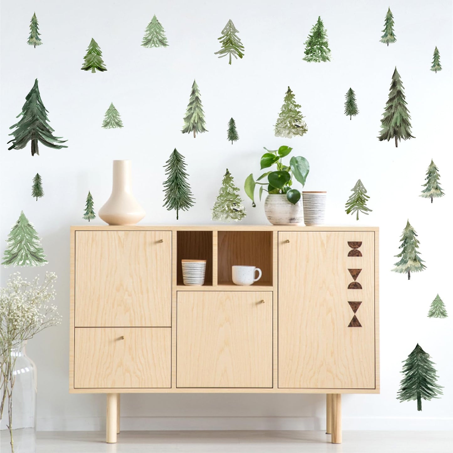Watercolor Tree Wall Stickers Small Pine Tree Wall Decal Green Trees Wall Window Stickers Removable Forest Trees Decals Peel and Stick Small Tree Wall Decals for Bedroom Living Room Nursery