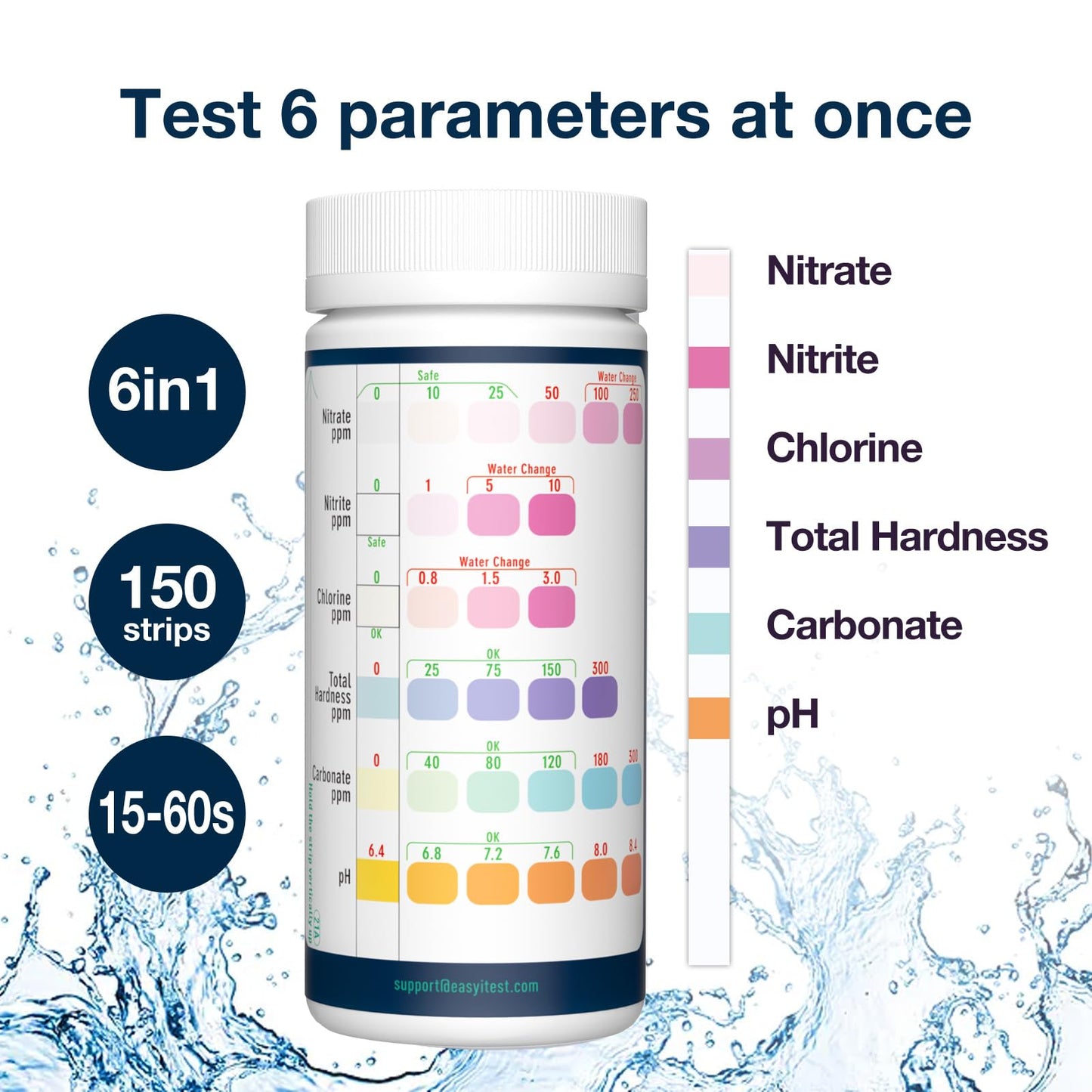 EASYTEST 6 in 1 Aquarium Test Strips, 150 Strip Pack Aquarium Water Test Kit for Freshwater, Fish Tank, Fish Pond, Accurate Testing Total Hardness, Carbonate Nitrate, Nitrite, Cl2, pH