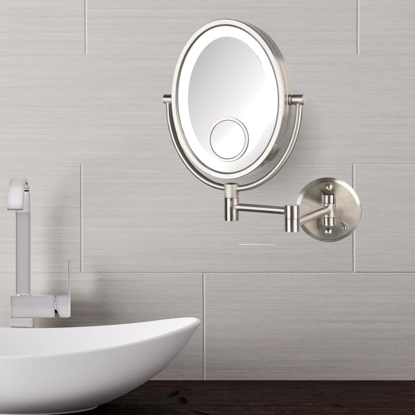 JERDON Two-Sided Wall-Mounted Makeup Mirror with Lights - Lighted Makeup Mirror with 10X Magnification & Wall-Mount Arm - Oval Mirror with Nickel Finish Wall Mount - Model HL9515NL