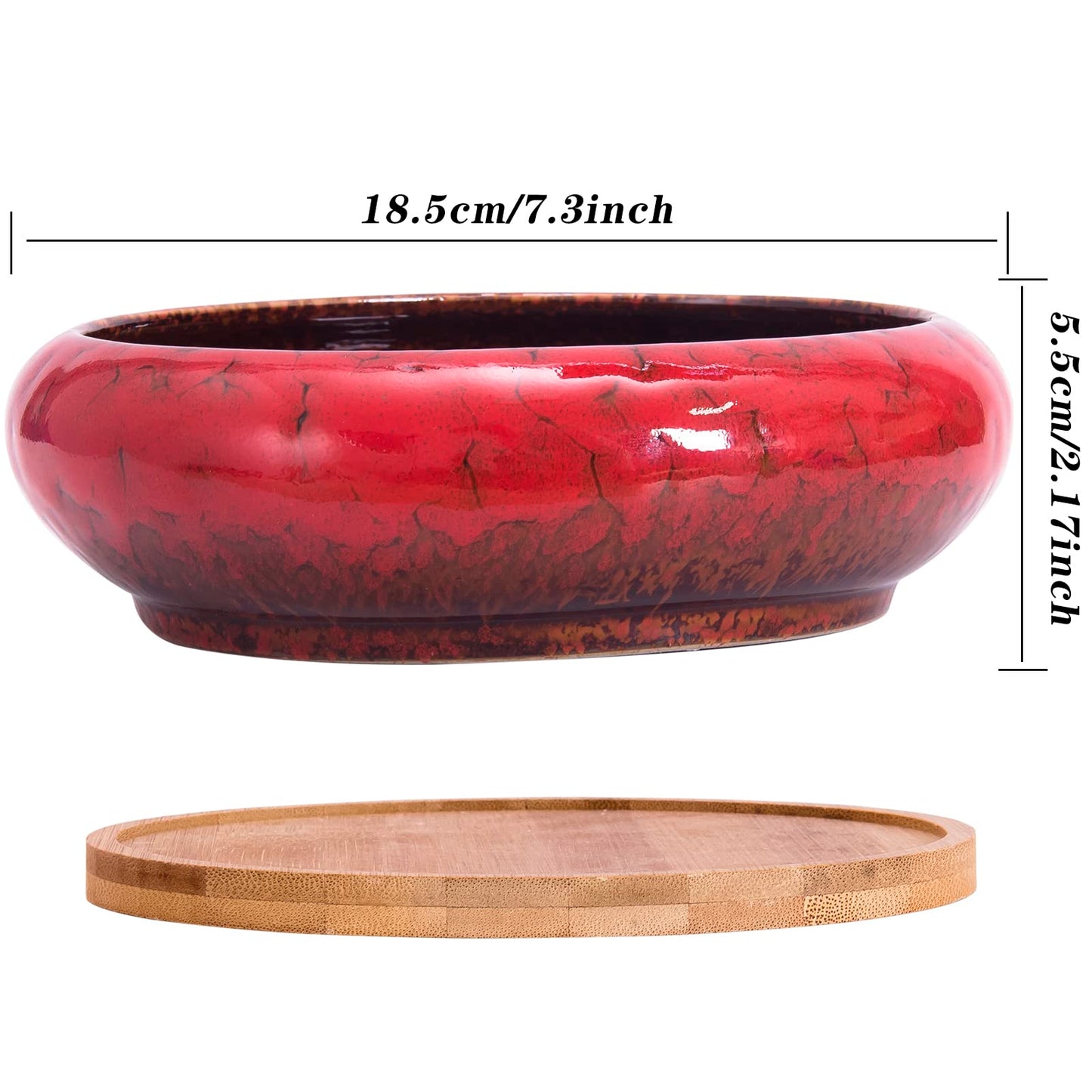 ARTKETTY Succulent Pots - 7.3 Inch Large Succulent Planters with Drainage Ceramic Bonsai Pots with Bamboo Tray, Shallow Planters for Indoor Cactus Plants Decorative Flower Plant Container
