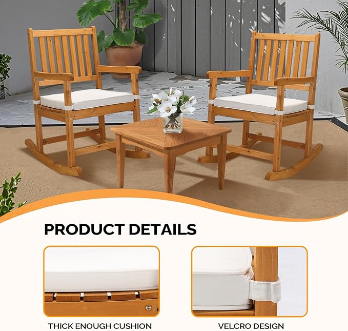 VINGLI Outdoor Rocking Chair, Weatherproof Rocker with Cushion, Wooden Rocking Bench Support 550 LBS for Patio, Yard, Garden, Outdoor or Indoors, Teak