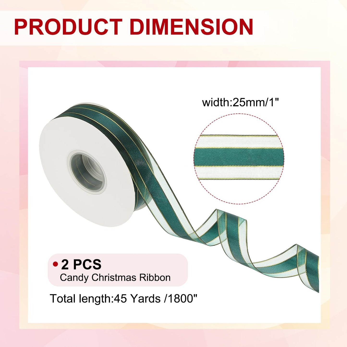 PATIKIL 100 Yards x 1" Organza Chiffon Gold Edge Ribbon, Gold and Green Candy Satin Striped Sheer Craft Ribbons for Bows Making, Gift Wrapping, Wreath, Birthday Wedding Decoration