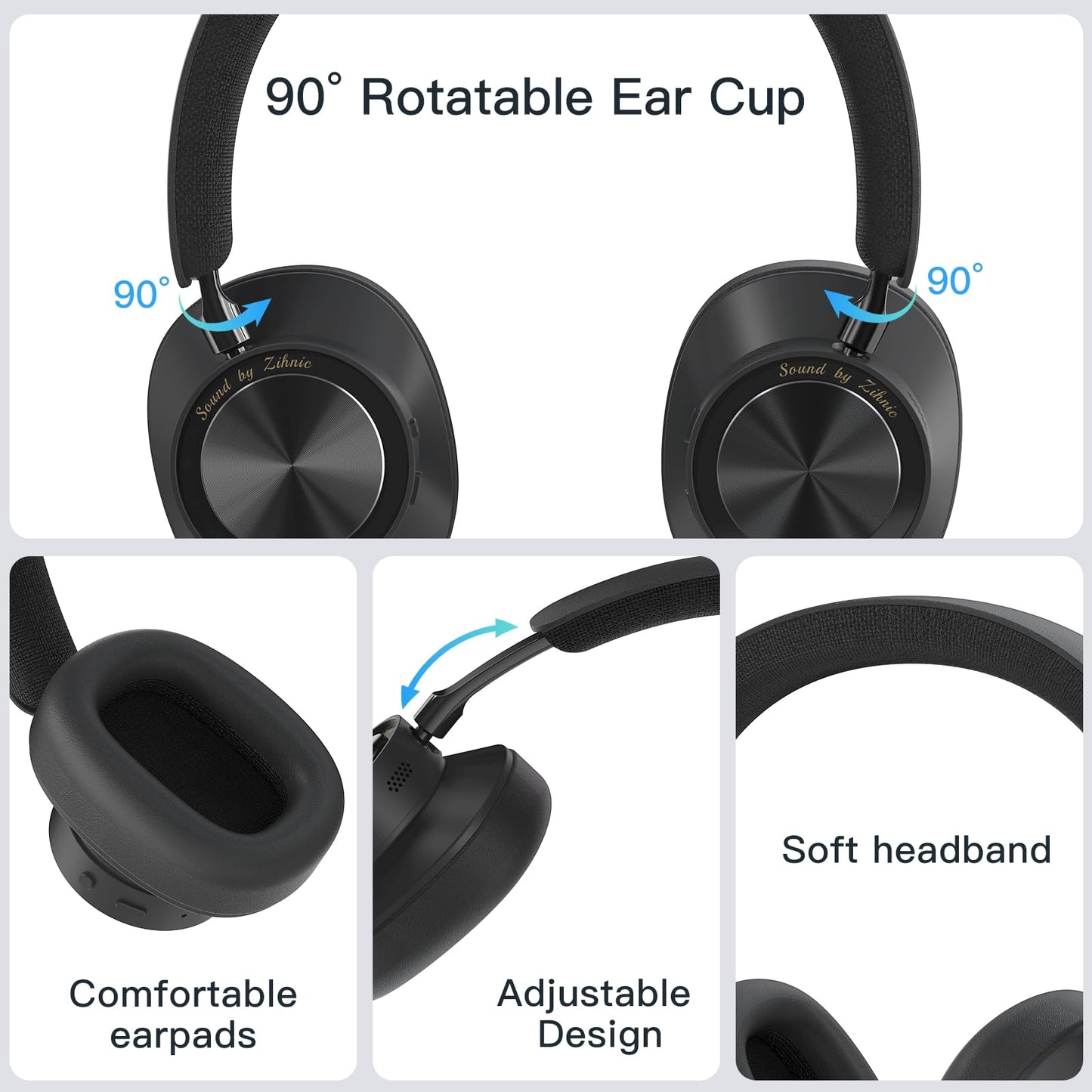 ZIHNIC Active Noise Canceling Headphones, Wireless Over Ear Bluetooth Headphones, Hi-Res Audio, Prolonged Battery Life, Deep Bass, Comfortable Foam Ear Cups-Black