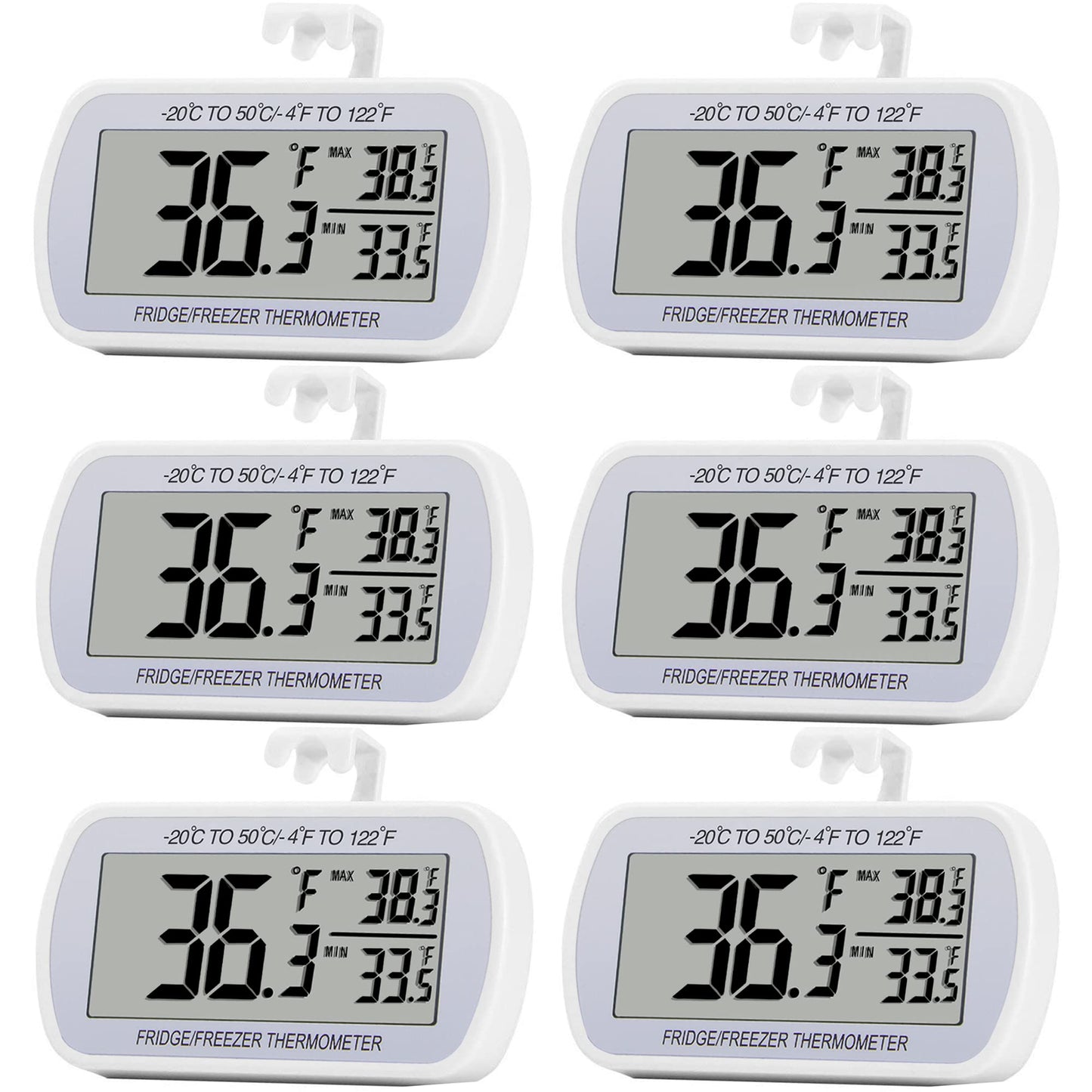 Refrigerator Thermometer Digital Fridge Freeze Room Thermometer Waterproof Large LCD Display Max/Min Record Function, White