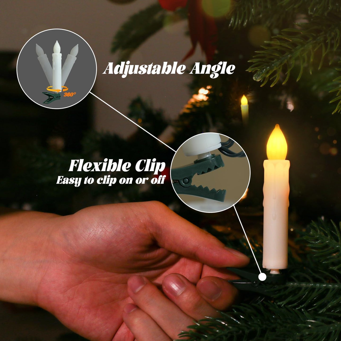 PChero Christmas Tree Candle String Lights with Remote Timer, 30Ft 30 LED Battery Operated Clip on Candles Lights, Waterproof Flickering Flameless Candle String Lights for Home Wedding Party Decor