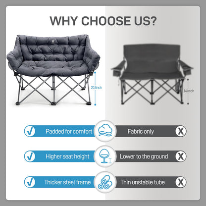 EVER ADVANCED Double Camping Chair for Adults, Padded Folding Camping Love Seat Bench with Side Pocket Portable Camping Couch, Two Person Heavy Duty Folding Outdoor Chair with Cushion,Support 600lbs