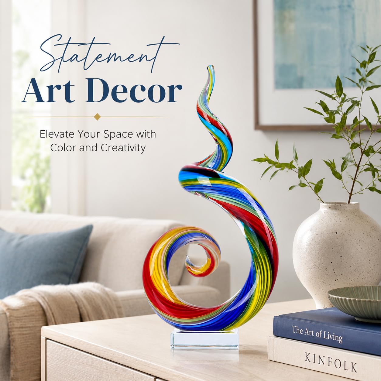XMGZQ 13.7" Colour Hand-Blown Art Glass Sculpture,Abstract Rainbow Swirl Style Sea Glass Statue and Figurine,Coastal Ocean Nautical Home Decor,Shelf,TV Stand,Tabletop Centerpieces,Wonderful Gift