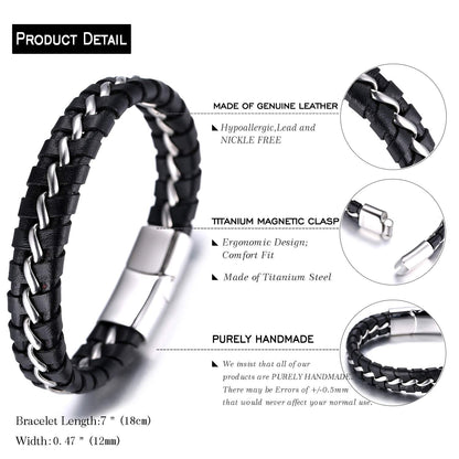 HALUKAKAH Kids ● Solo Junior ● Boy's Genuine Leather Bracelet Black 6-12 Y/O. Titanium Silver Chain Magnetic Clasp 7"/18cm with Free Giftbox