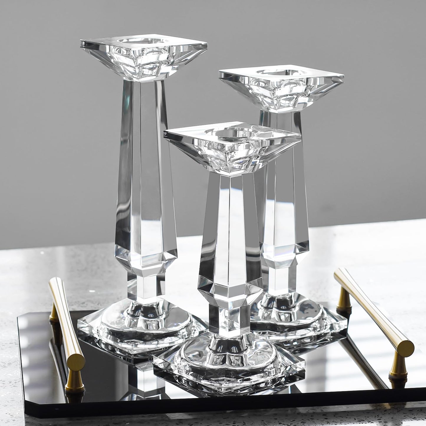 Marvala Crystal Candelabra Set, Dual-Sided Candle Holder Reversible for Taper, Tealight & Pillar Candles 3-in-1 Versatile Stand for Table, Wedding, Christmas, Home Holiday Decor (Set of 3-SML)