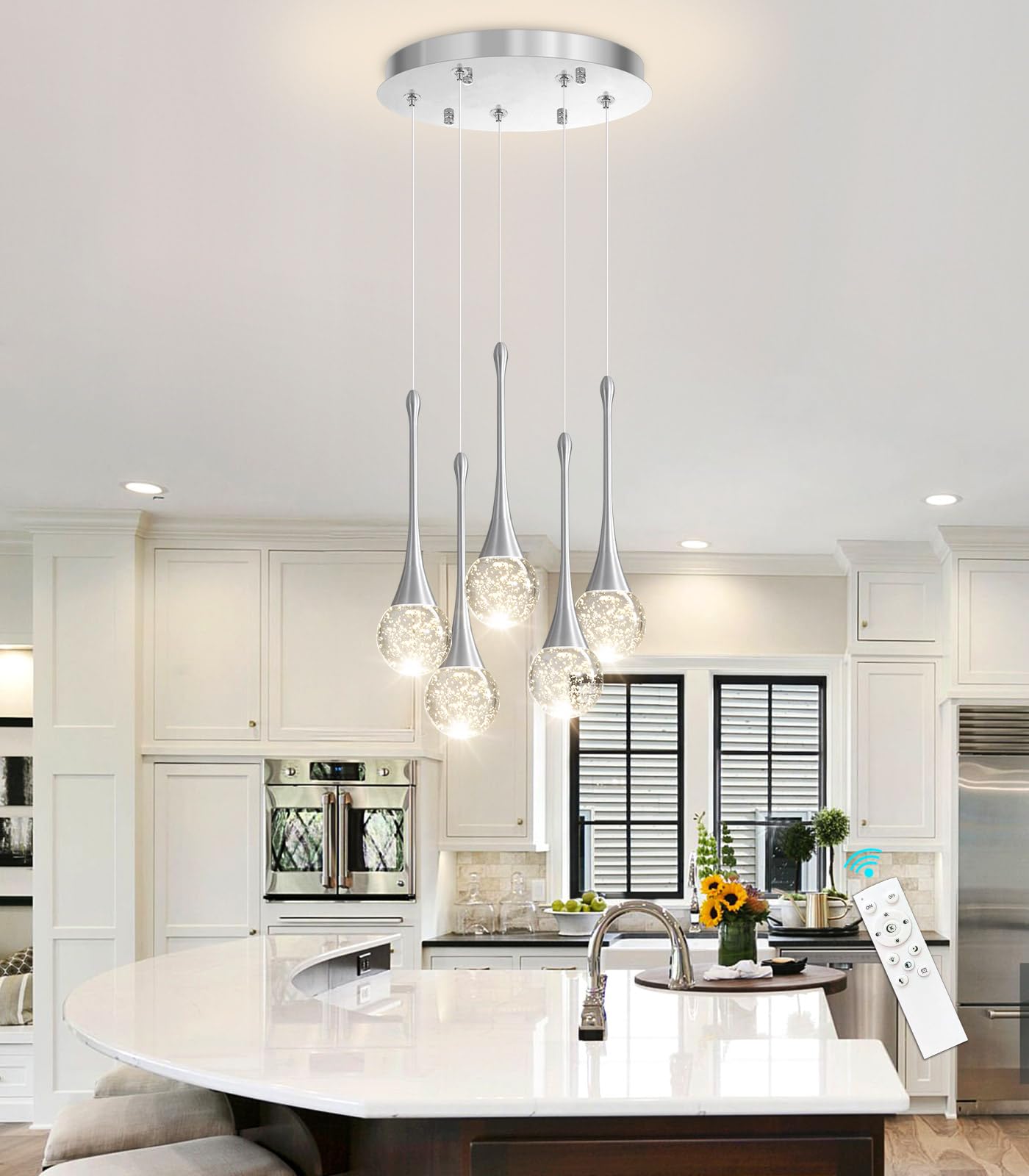 cenzoz 5-Lights Modern Pendant Lights for Kitchen Island LED Dimmable Chandelier Crystal Glam Ceiling Pendant Lighting for Dining Room Hallway Bedroom Lamp Brushed Nickel
