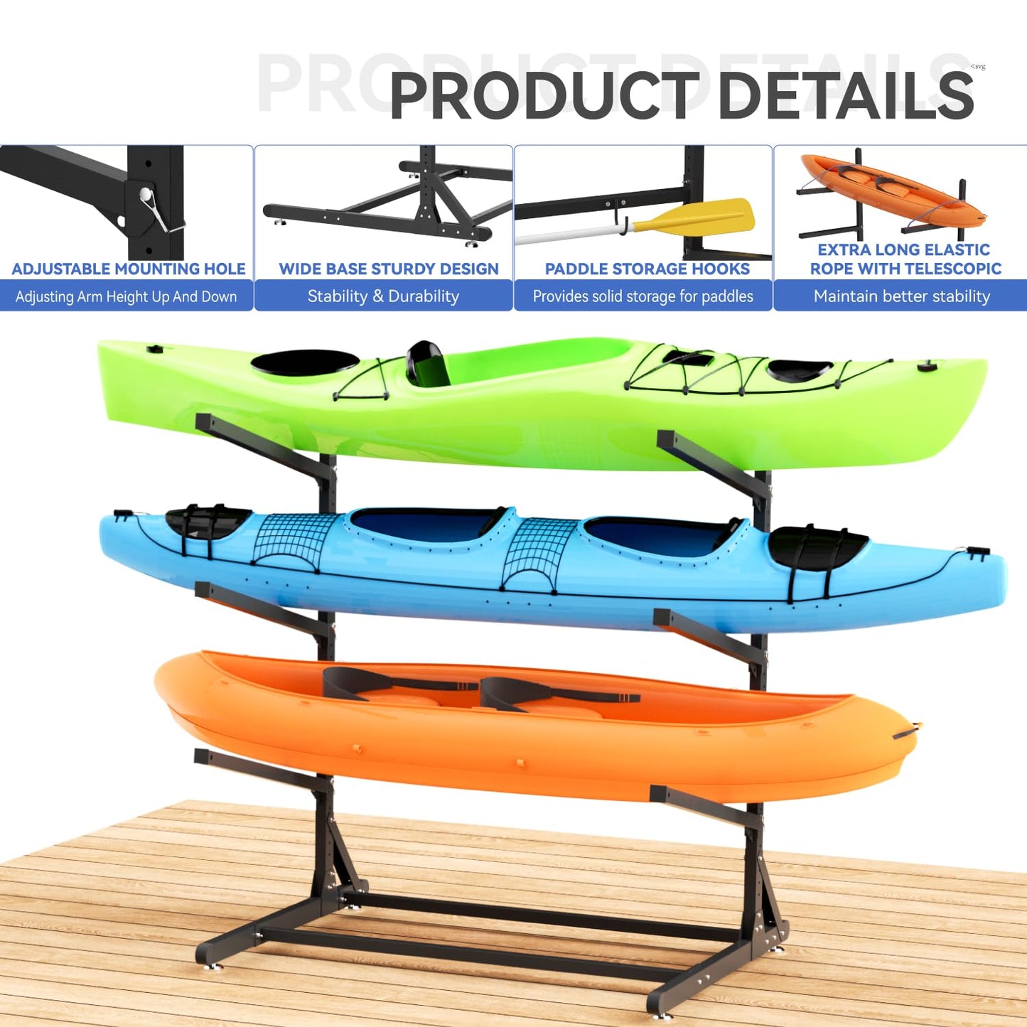 RDCMKL Freestanding Kayak Storage Rack for Outside, Heavy Duty Kayak Storage Hanger for Garage, Adjustable Kayak Stand Outdoor, Canoes, Surfboard & Paddleboard (3 Levels)