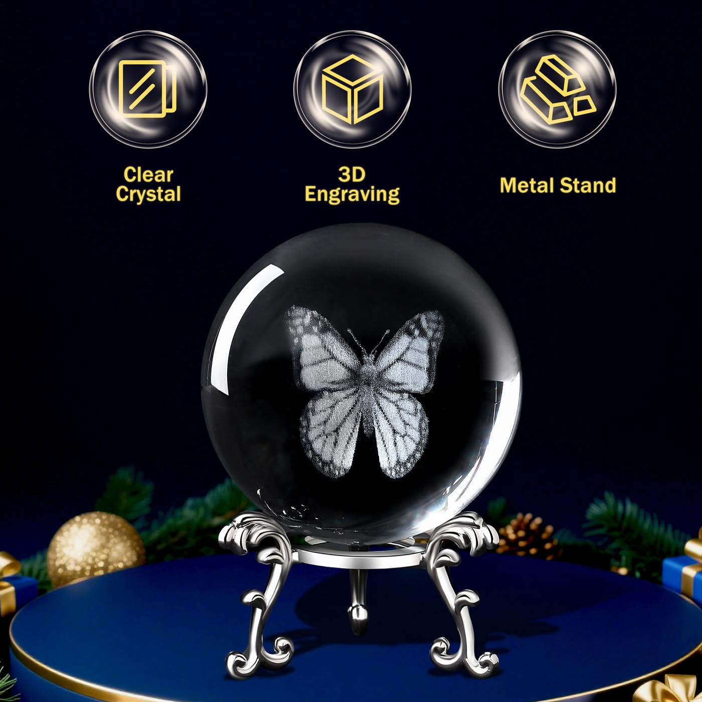 MAIBAOTA 3D Crystal Butterfly Gifts for Women Butterfly Figurines 60mm Glass Laser Ball Paperweight with Stand Glass Sphere