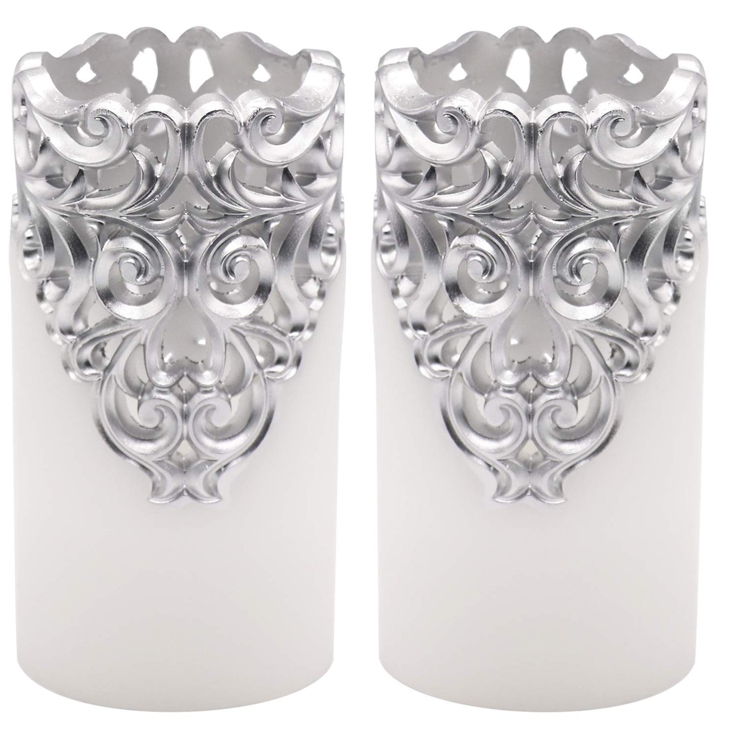 Eldnacele Flameless Christmas Silver Candles with 5H Timer, Flickering Real Wax Battery Operated Pillar Candles for Christmas Party Decoration Silver (D3 x H6)