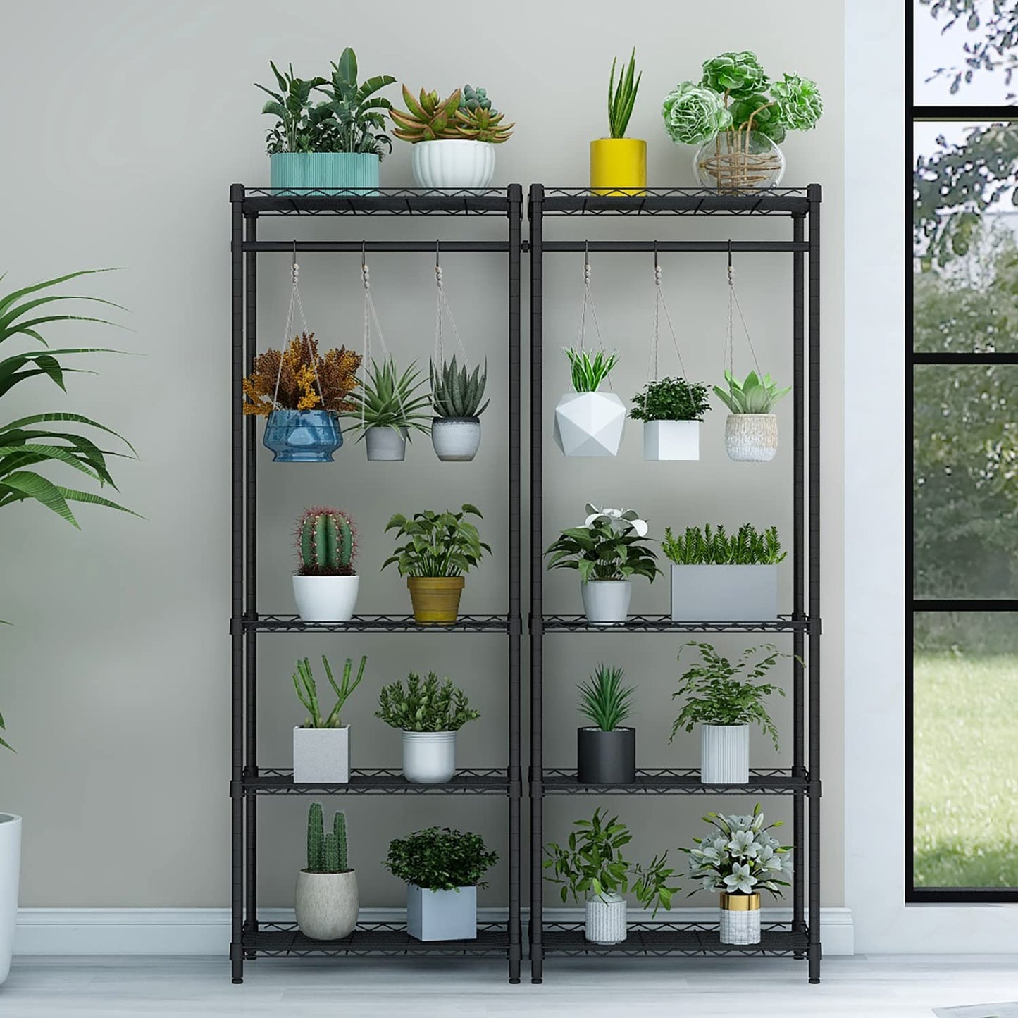 Xiofio 4-Tier Plant Shelf for Indoor Plants Outdoor, Large Multiple Flower Pot Holder Rack，Hanging Plant Stand 6pcs Hooks ,Adjustable Plant Stand Suitable for Bedroom Living Room Balcony Garden,Black